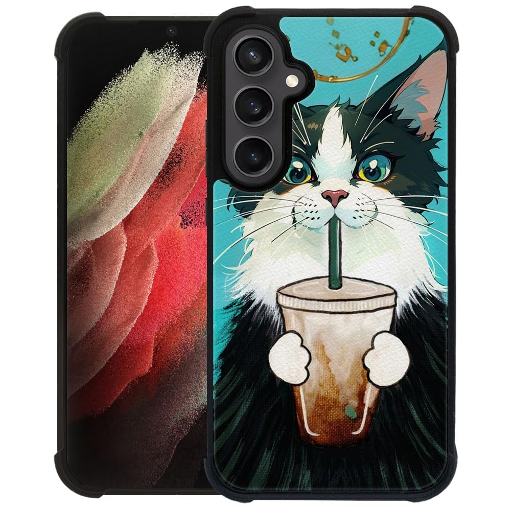 Goodsprout Compatible with Samsung Galaxy S24 S25 Plus Case,Cat Drinking Coffee Amazing Pattern Design Shockproof Anti-Scratch Hard PC Back Case for