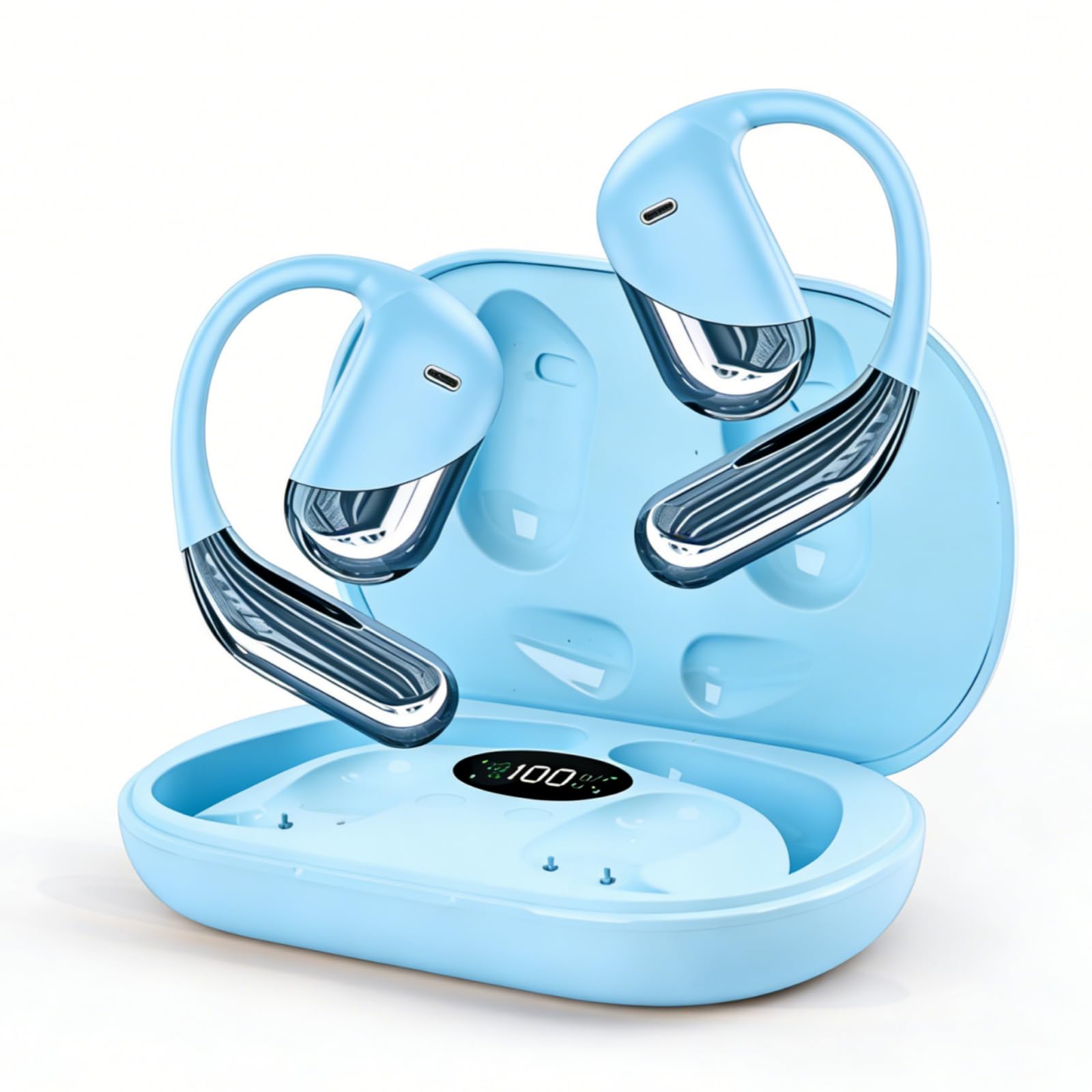 Open Ear Wireless Earbuds Headphones, Bluetooth Built-in Mic,Waterproof, LED Display Charging Case,on Ear Hooks Clip Ear Buds,Ultra-Comfort Earphones Design for Walking/Running/Sport