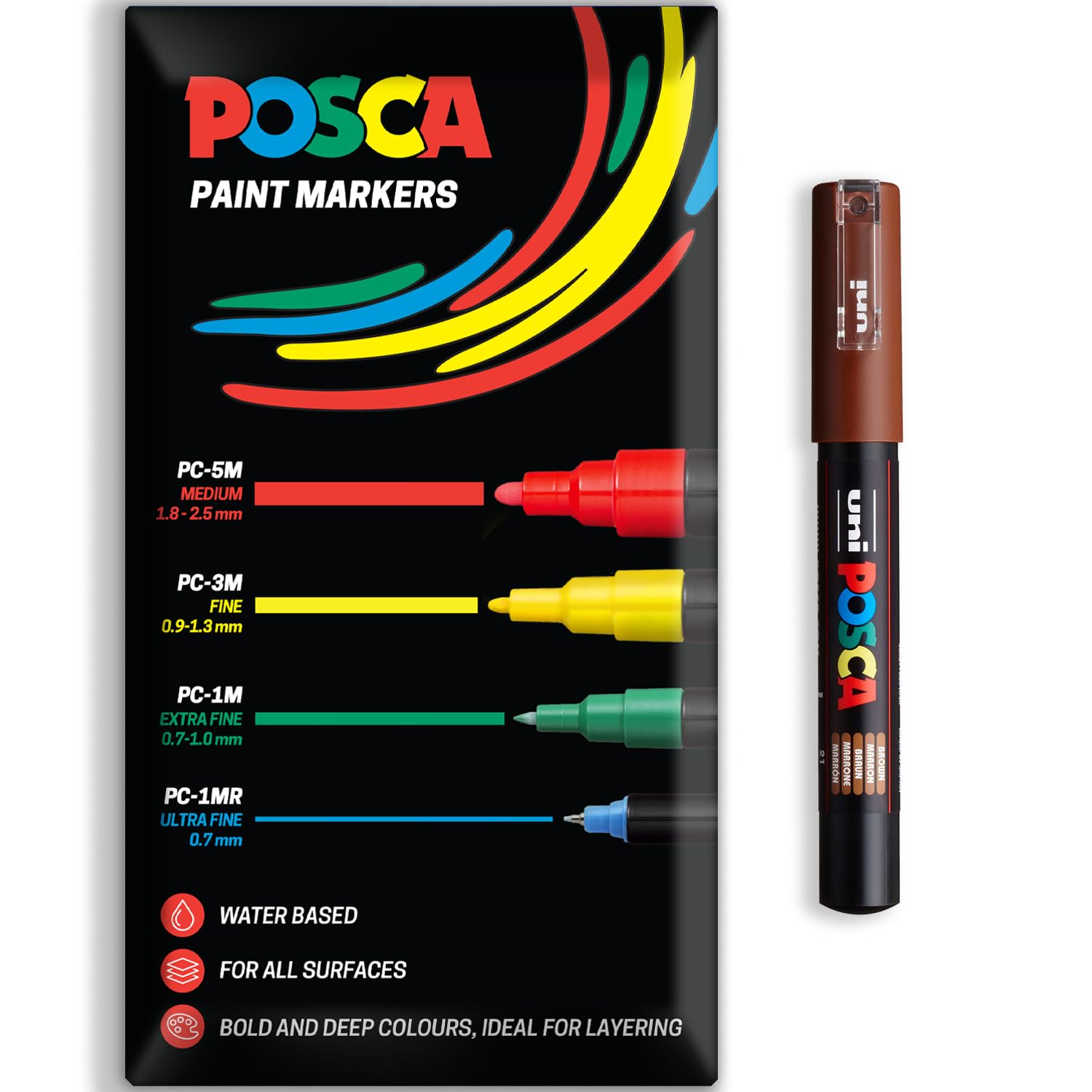 Posca Water Based Acrylic Paint Marker Pens | Multi Surface Use Permanent Paint Pen | Pack of 1 in Envelope Gift Packaging | Glass, Fabric, Canvas, Wood etc | PC-1M, Brown