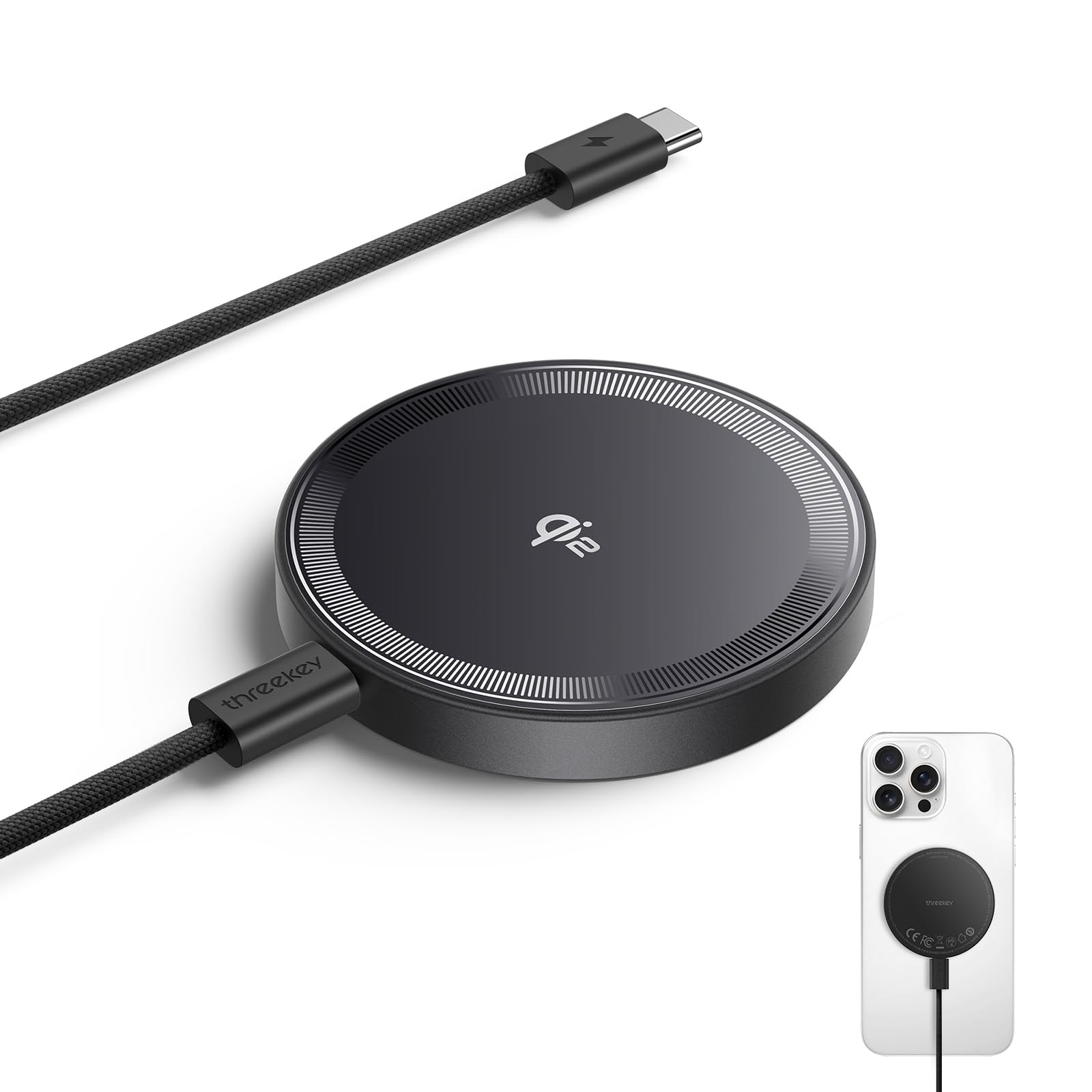 threekey qi2 magsafe charger, magnetic charger for iphone 17/16/15/14/13/12 series & galaxy s25 ultra, qi2 wireless charger dual-sided magnets, 15w fast charging pad with 5ft usb-c cable (black)