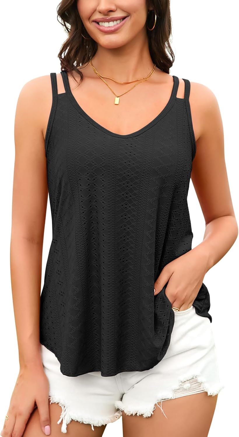 V FOR CITY Womens Tank Tops with Built-in Bra Flowy Eyelet Embroidery V Neck Camisole Adjustable Spaghetti Strap Camis Shirts Black Small
