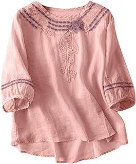 Camisetas Mujer Verano Sexy Casual Cinco Puños Algodón Lino Cuello en V Verano Bordado Camiseta Suelta 1 Cárdigan Rojo Mujer