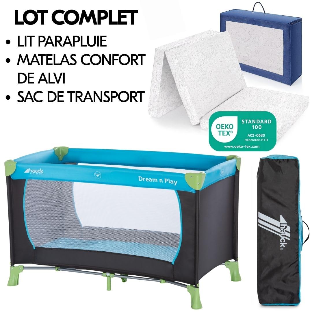 hauck Lot Lit Parapluie Bebe avec Matelas Dream N Play 120x60 cm, Pliable, Robuste, Facile à Monter, Inclus Sac de Transport - Bleu Waterblue