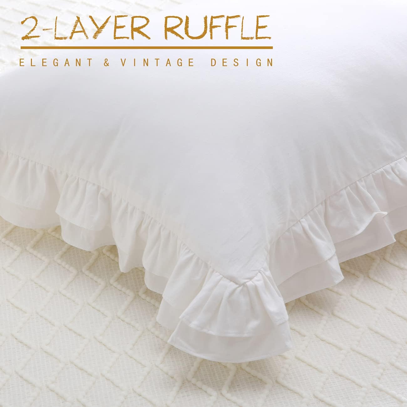 Shabby White Ruffle Euro Pillow Sham Covers Set of 2, Cotton Pillow Shams 26x26 inches French Farmhouse Cottage Vintage Bed Pillow Shams (Shabby White, 26x26)