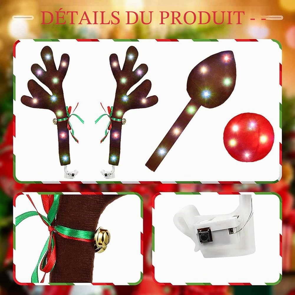 Kit de Cornes avec Lumières LED pour Voiture - Décorations de Noël, Nez et Astas