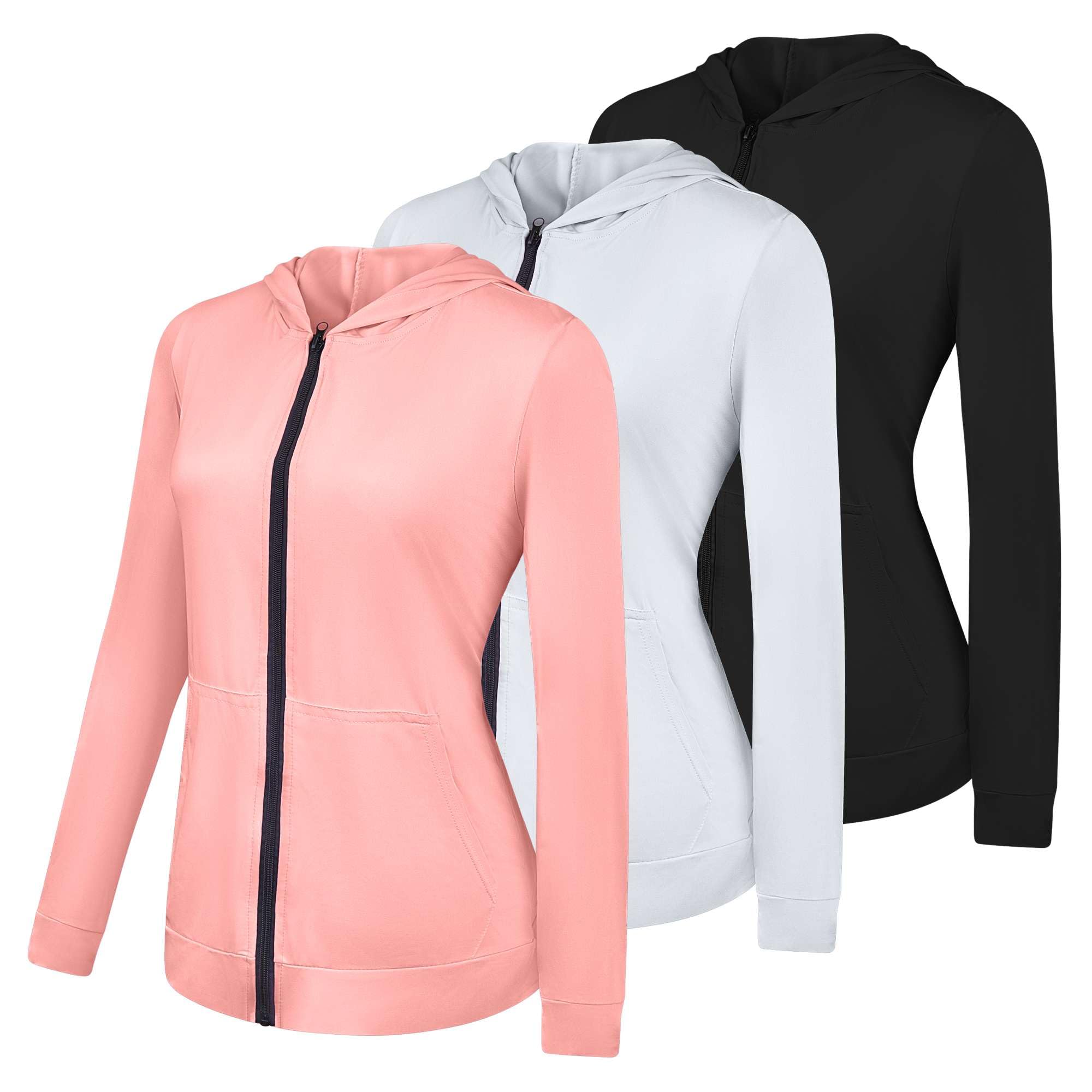Real Essentials 3 Pack: Womens Dry-Fit Long Sleeve Quarter Zip & Full Zip Up Hoodie Workout Jacket (Available in Plus)