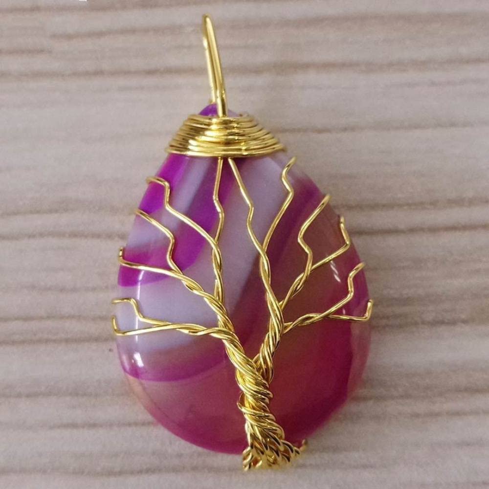 Natural Stone Pendant Necklace For Women,Natural Fuchsia Striped Agate Pendant Handmade Golden Wire Wrapped Tree Of Life Necklace Gemstone Pendant Necklaces Stone Necklace Women Jewelry Gift For Wif