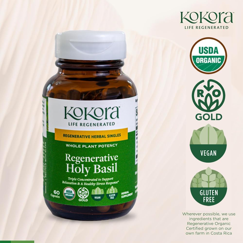 kokora Regenerative Holy Basil - Regenerative Organic Certified – Relaxation, Calm Mind, Stress Relief* -Vegan, Non-GMO – 60 Capsules - 30 Servings