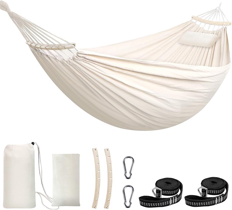 Chihee Cotton Hammock 8.9x4.9ft Holds Up to 660lbs Prevents Side-Tipping | Soft Fabric Tree Hammock Camping with Bag Detachable Spreader Bar Pillow 2 Strong Webbings 2 Carabiners Indoor Outdoor Garden