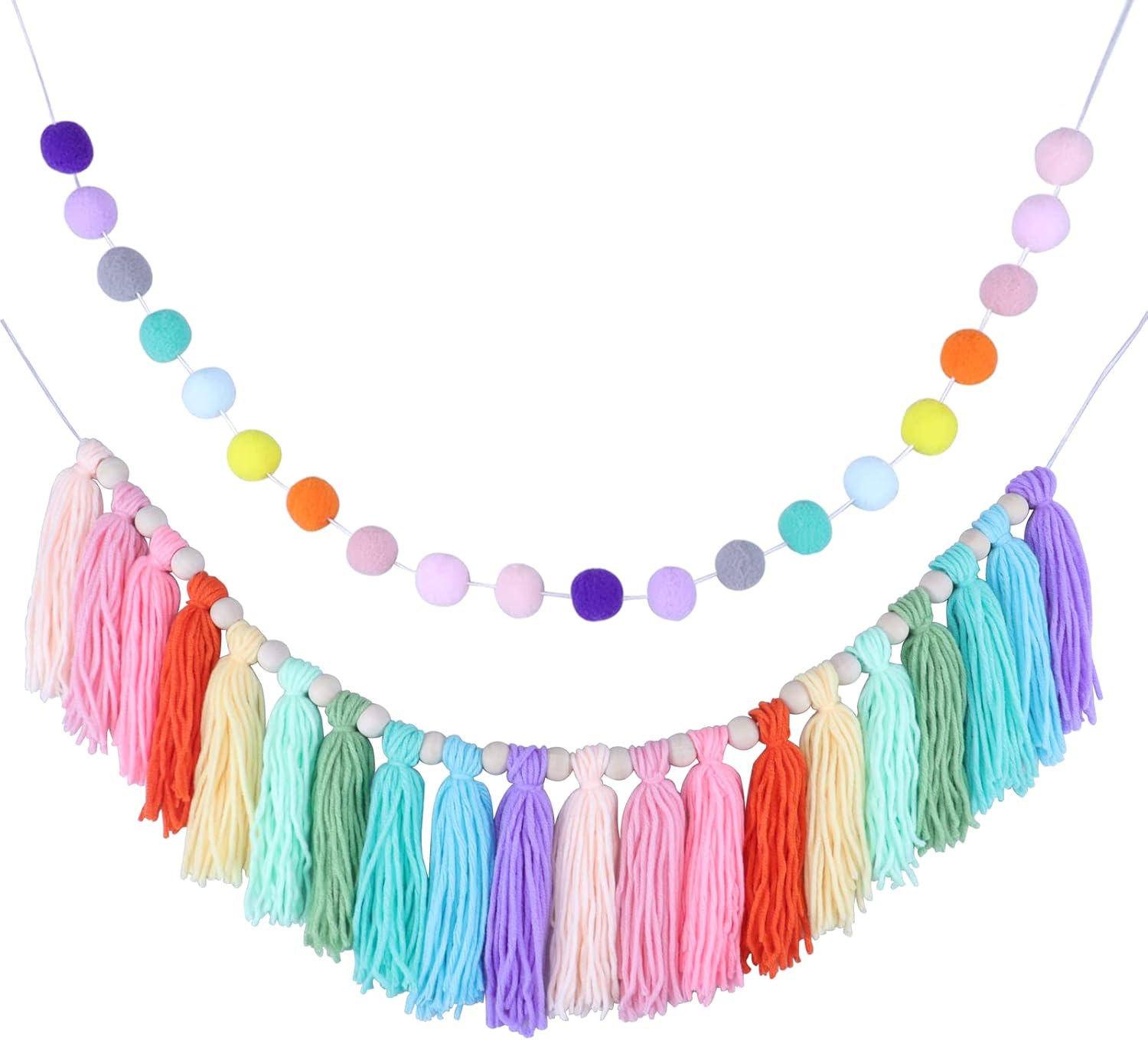 2 Pieces Boho Tassel Garland Colorful Pom Pom Garlands Wall Hanging Decor Cotton