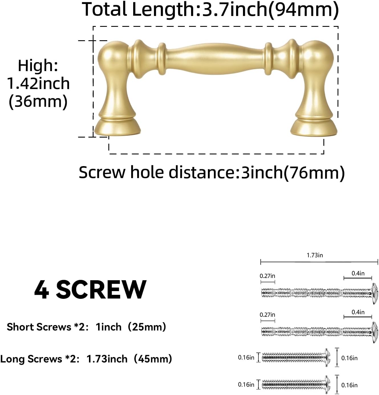 10 Pack 3 Inch(76mm) Kitchen Cabinet Handles Brushed Gold Cabinet Pulls Zinc Alloy Drawer Pulls Solid Kitchen Hardware