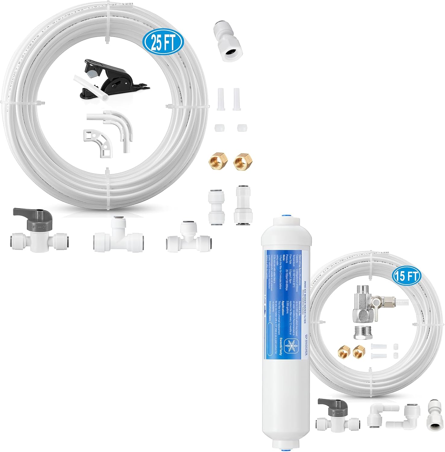 Refrigerator Water Line Kit 1/4" O.D.25 FT Water Tubing with Quick Connect Fittings + Inline Water Filter Kit for Ice Maker and Refrigerator,Include Feed Water Valve