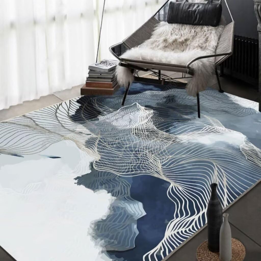 Tapis de salon bleu ocre XL 120x160 cm géométrique et lavable