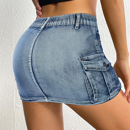 Saia jeans feminina de cintura baixa com bolsos Y2K Mini Button Jean Skirt, Azul escuro, M