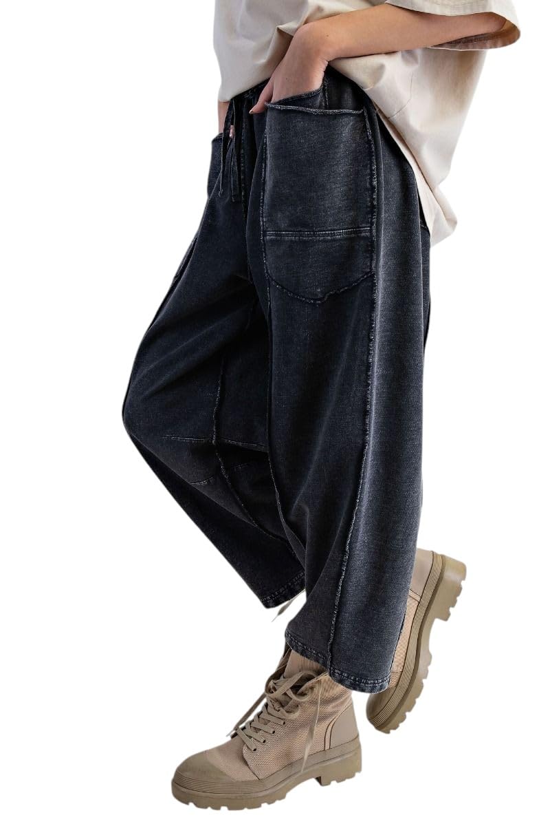 Easel Eryn Mineral Washed Terry Knit Barrel Leg Pants