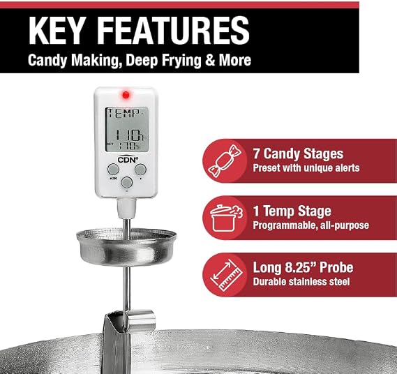 CDN Digital Thermometer Long 8'' Stainless Steel Stem, Adjustable Pot Clip, Preset Candy Stages with Audio/Visual Alerts, Instant Read For Cooking, Deep Frying & Oil - DTC450