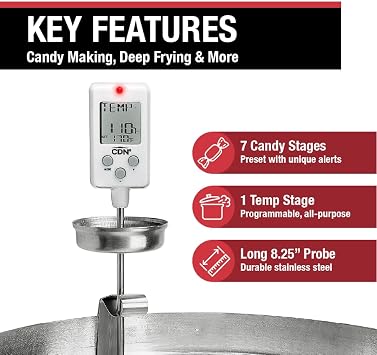 CDN Digital Thermometer Long 8'' Stainless Steel Stem, Adjustable Pot Clip, Preset Candy Stages with Audio/Visual Alerts, Instant Read For Cooking, Deep Frying & Oil - DTC450