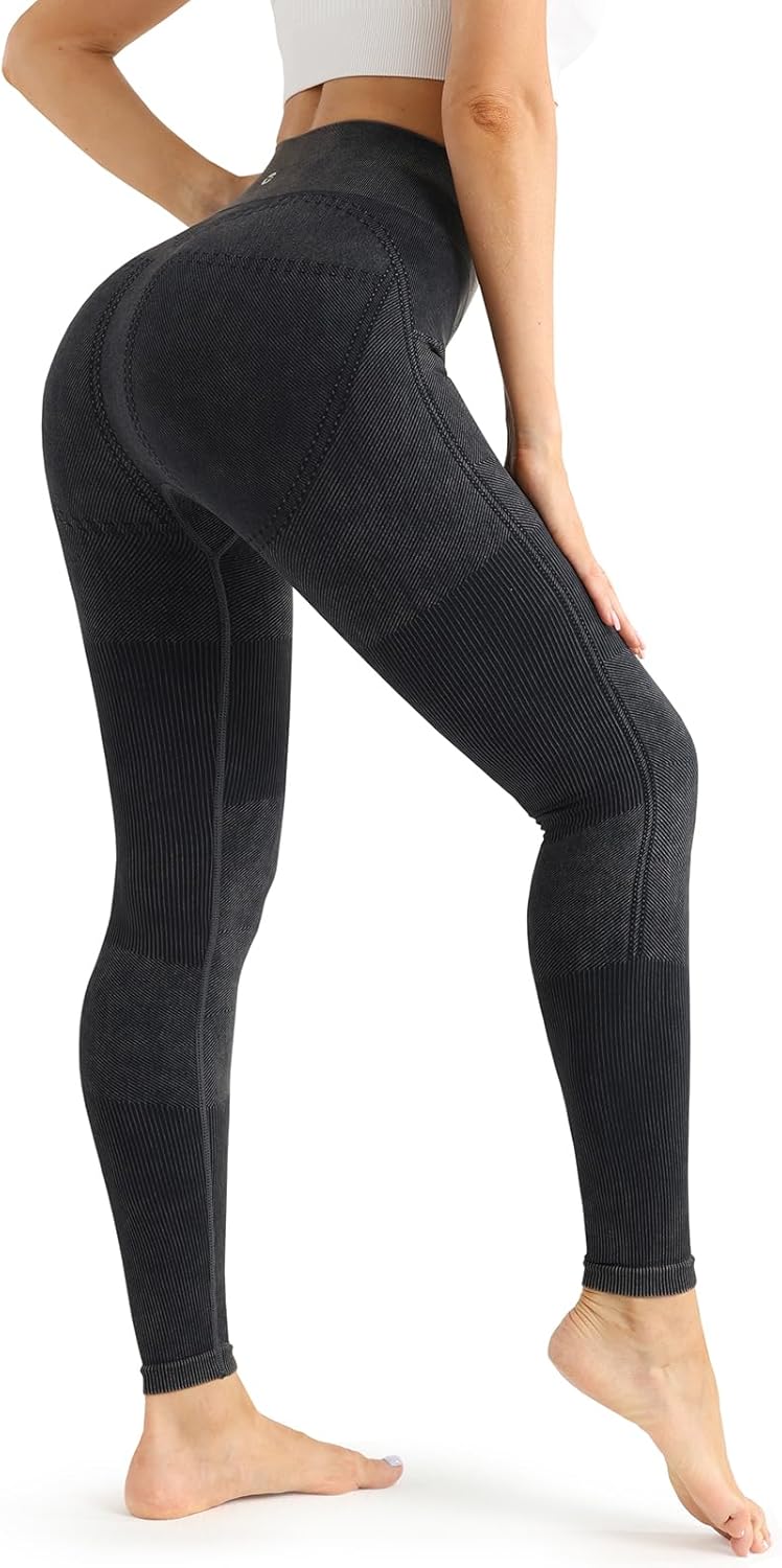 Fisoew Womens Ribbed Seamless Leggings High Waisted Tummy Control Workout Full Length Yoga Pants Dark Grey