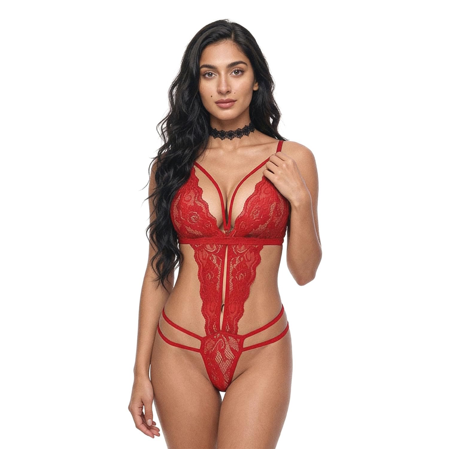 hookup Women's Red Lace Teddy Bodysuit with Floral Design - Adjustable Straps One Piece Fashion Outfit for Anniversary, Honeymoon, Wedding & Special Occasion Gift For Wife, Girlfriend-picture-57