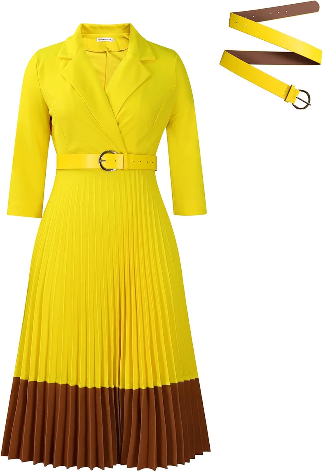 Pantete Womens A Line Work Midi Dresses Lapel Collar 3/4 Sleeve Pleated Dress for Business Office