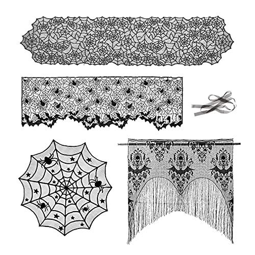 4 Pedazos Decoraciones de Halloween Incluye un Camino de Mesa de Tela de Araña de Encaje,Mantel Redondo,Cortinas de la Lámpara de Halloween y Cortina (Negro) Cover