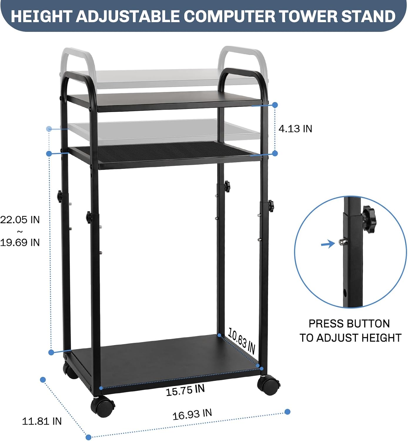 Liitrton Height Adjustable Computer Tower Stand, Mobile PC Stand Under Desk, 3-Tier CPU Holder with Locking Caster Wheels for Office Home Gaming Accessories Fits Most PC Tower