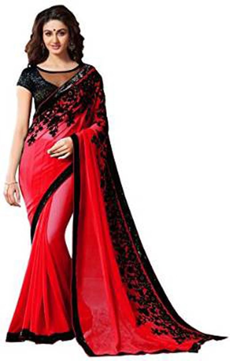 Indian Women's Designer Fancy Georgette Saree Free Size Red