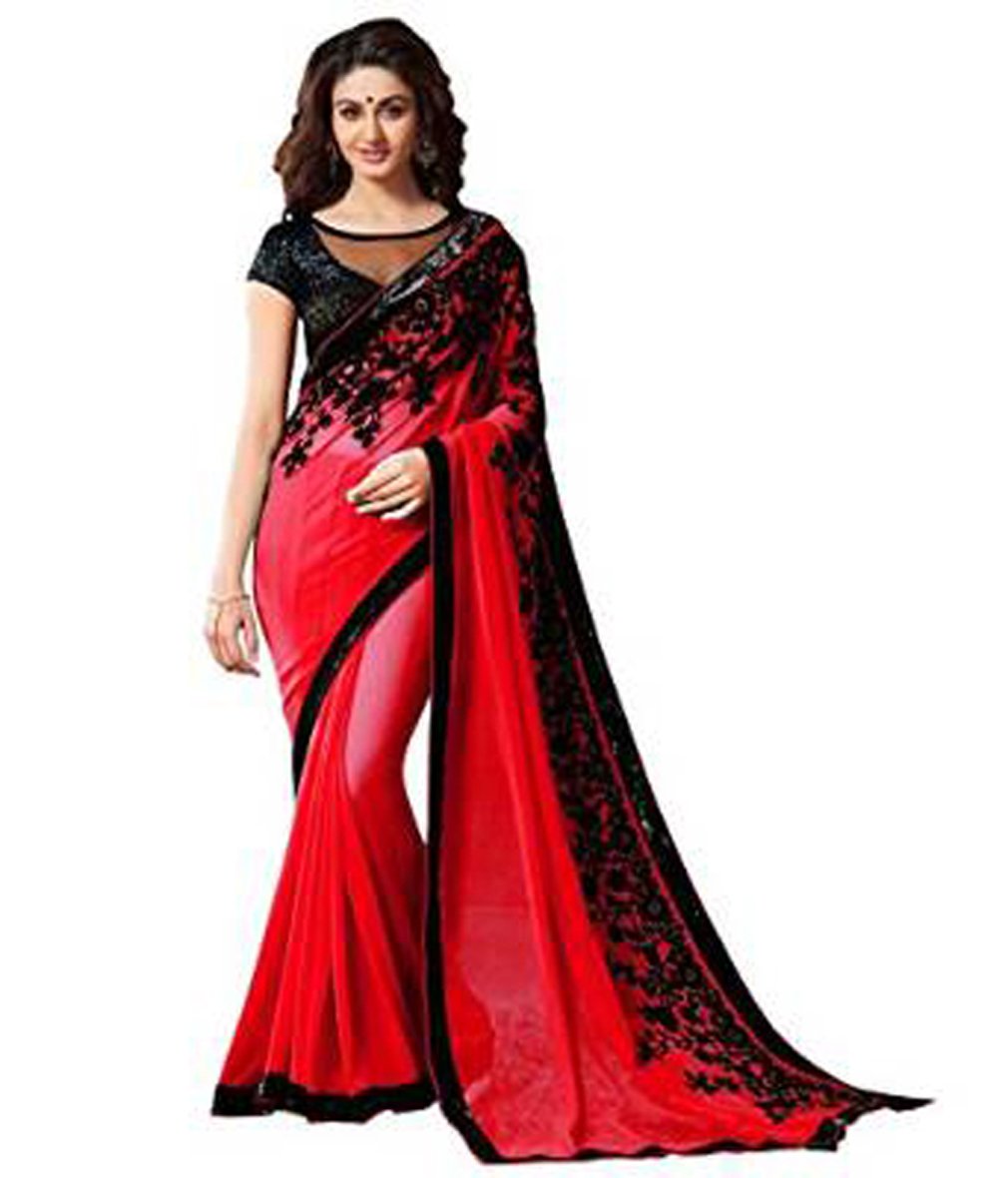 Indian Women's Designer Fancy Georgette Saree Free Size Red