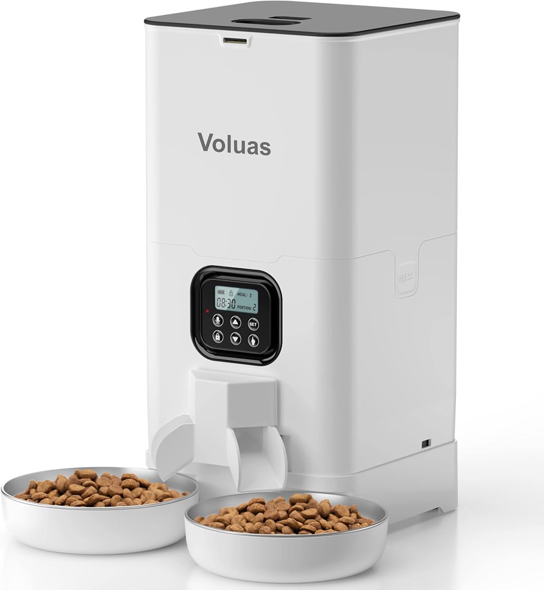 VOLUAS Comedero Automático para Gatos para Dos Gatos con Cuencos Dobles de Acero Inoxidable, 6L | Control de porciones programable, alimentación programada, función de memoria, tazones dobles de acero inoxidable, grabadora de voz de 10 segundos