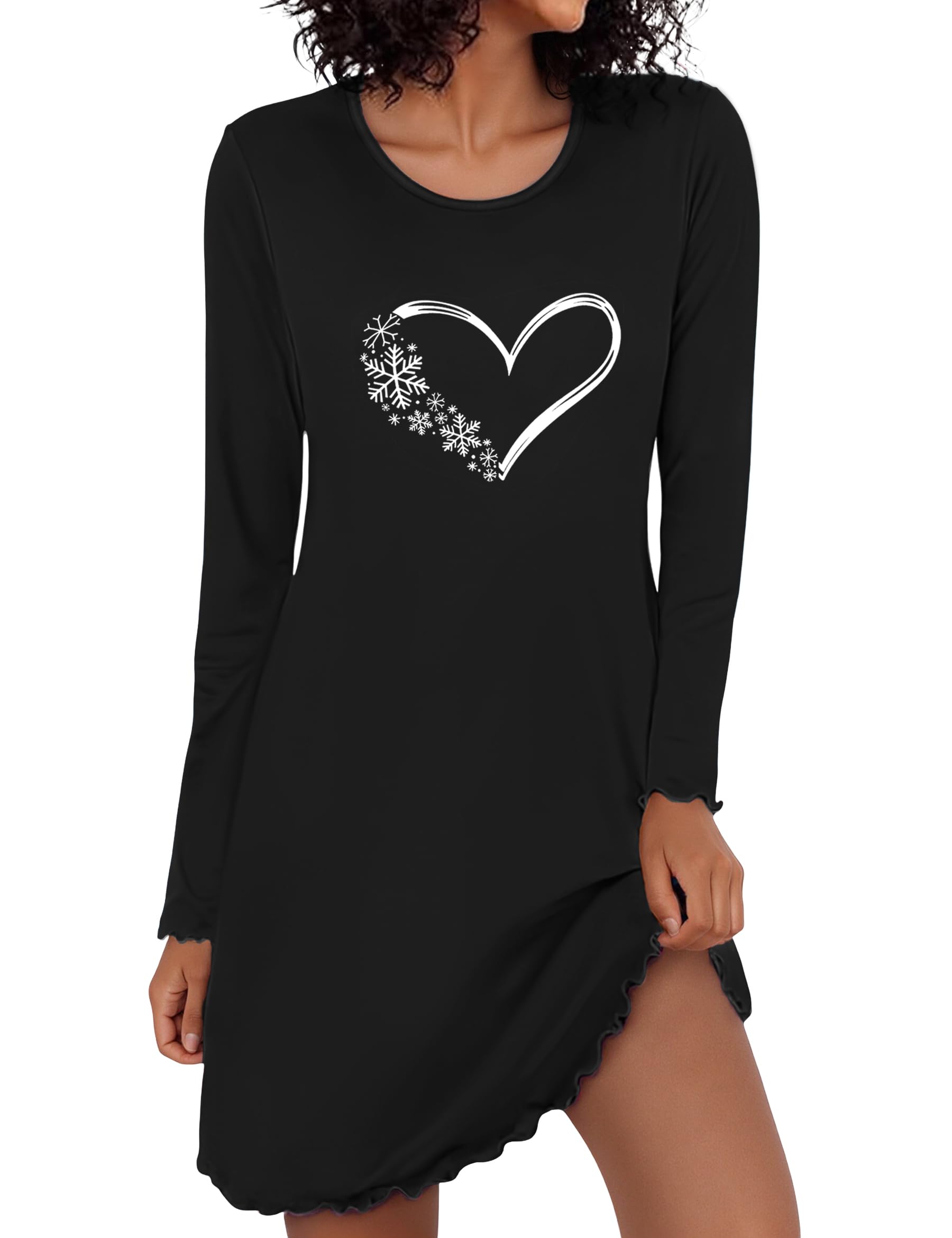 Demegimi Nachthemd Damen Langarm Schlafshirt Baumwolle Kurz Herzen Nachtkleid Winter Nachtwäsche
