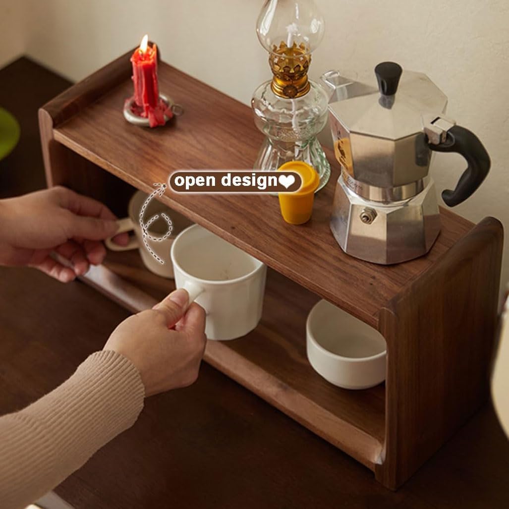 MRYBD 2-Tier Solid Wood Coffee Mug Display Rack Walnut Color Wooden Cup Holder Countertop Kitchen Storage Shelf Spice Jar Organizer for Home Office Coffee Station Bar Walnut