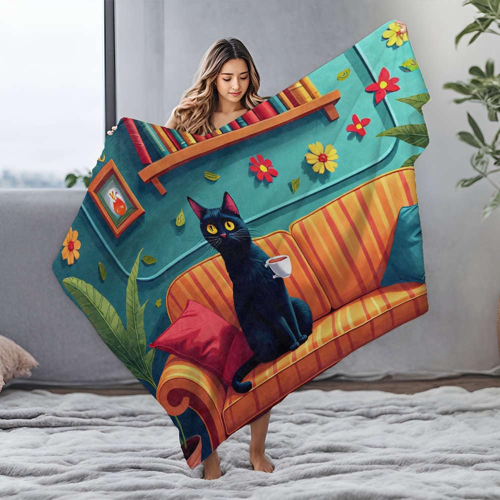 Couverture flanelle chat noir plaid 125x150 cm pour canapé
