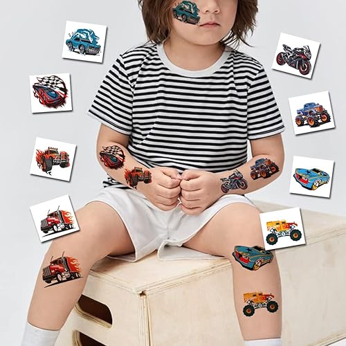 Miniatura 4 de 148 tatuajes temporales de autos de carreras y camión monstruo para niños, tatuajes individuales de automóvil GoKart para niños, regalos de fiesta
