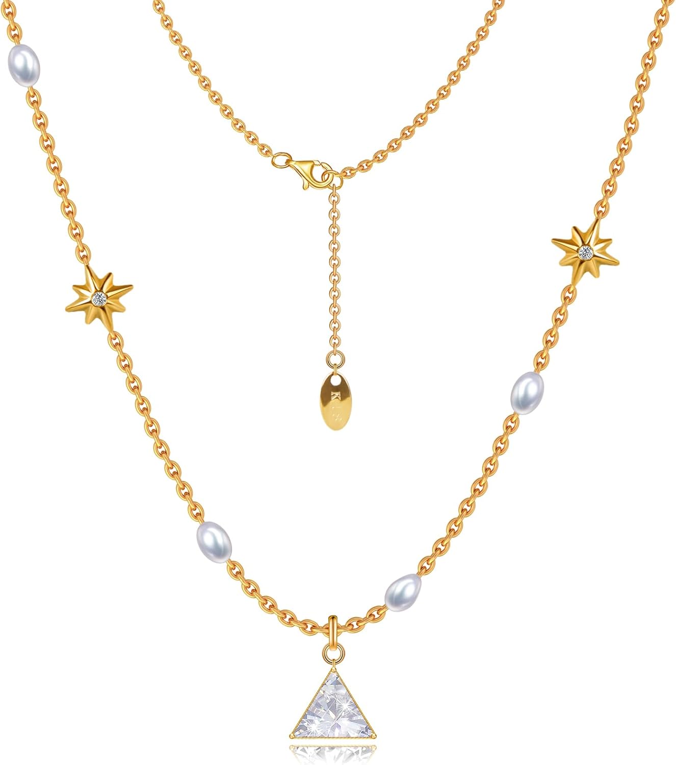 Geometric Star-Shaped Triangular Pendant Necklace Inlaid with Zircon and Pearl Spliced Chain Titanium Steel Plated with 18K Gold Korean Trend Personality Jewelry