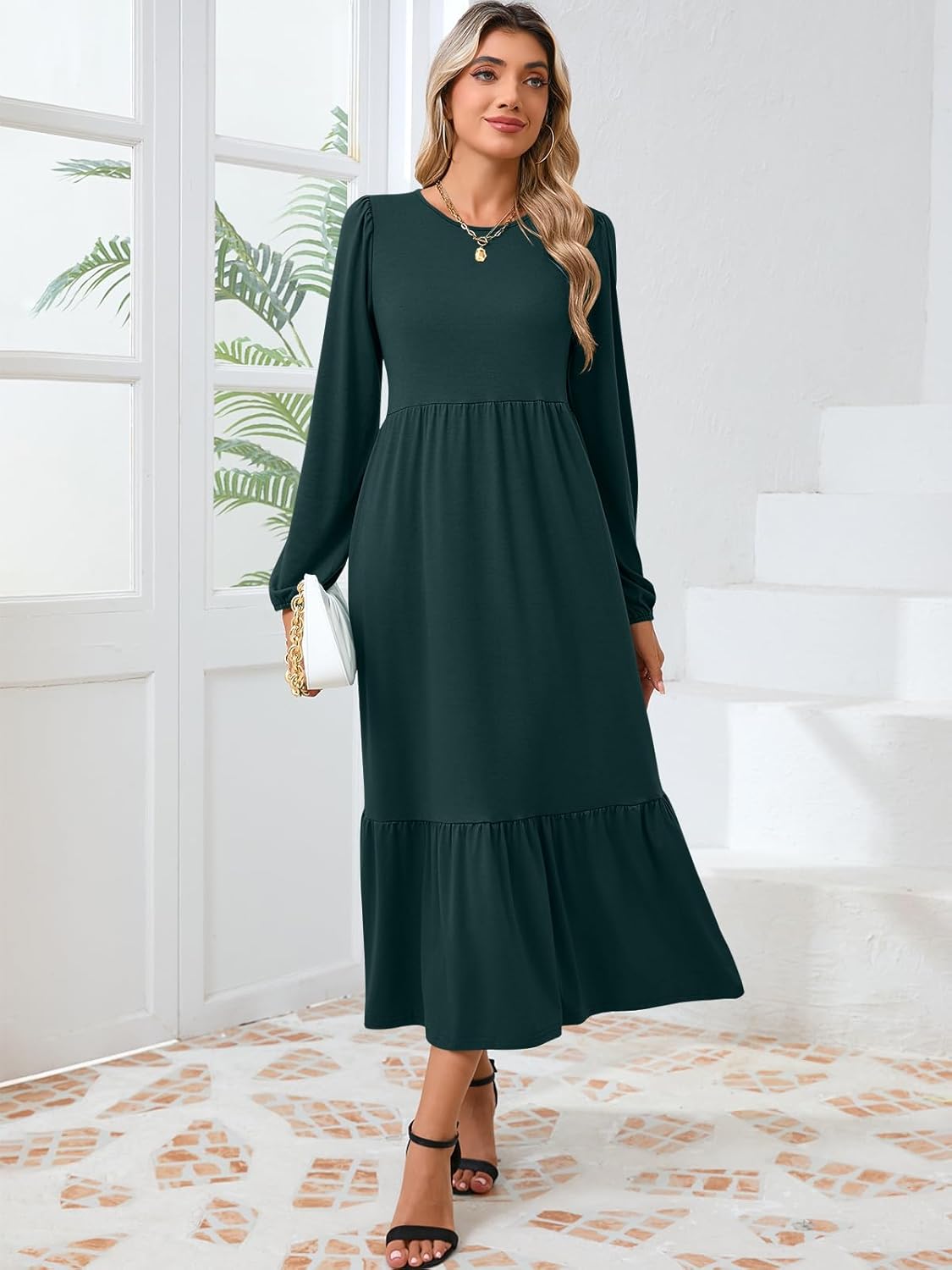 Women's Casual Long Sleeve Midi Dress 2024 Fall Crewneck A Line Tiered Flowy Loose Trendy Dresses with Pockets - Image 3