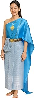 Siam Regal's Traditional Thai Lao Khmer Outfit 2 Piece Set Sash & Sarong Sky Blue Thai Silk Wedding Attire Women's Ladies