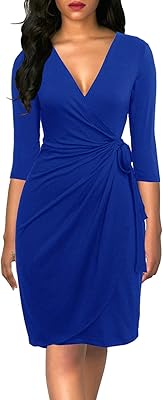 Berydress Women's Classic 3/4 Sleeve V Neck Sheath Casual Party Work Faux Black Wrap Dress