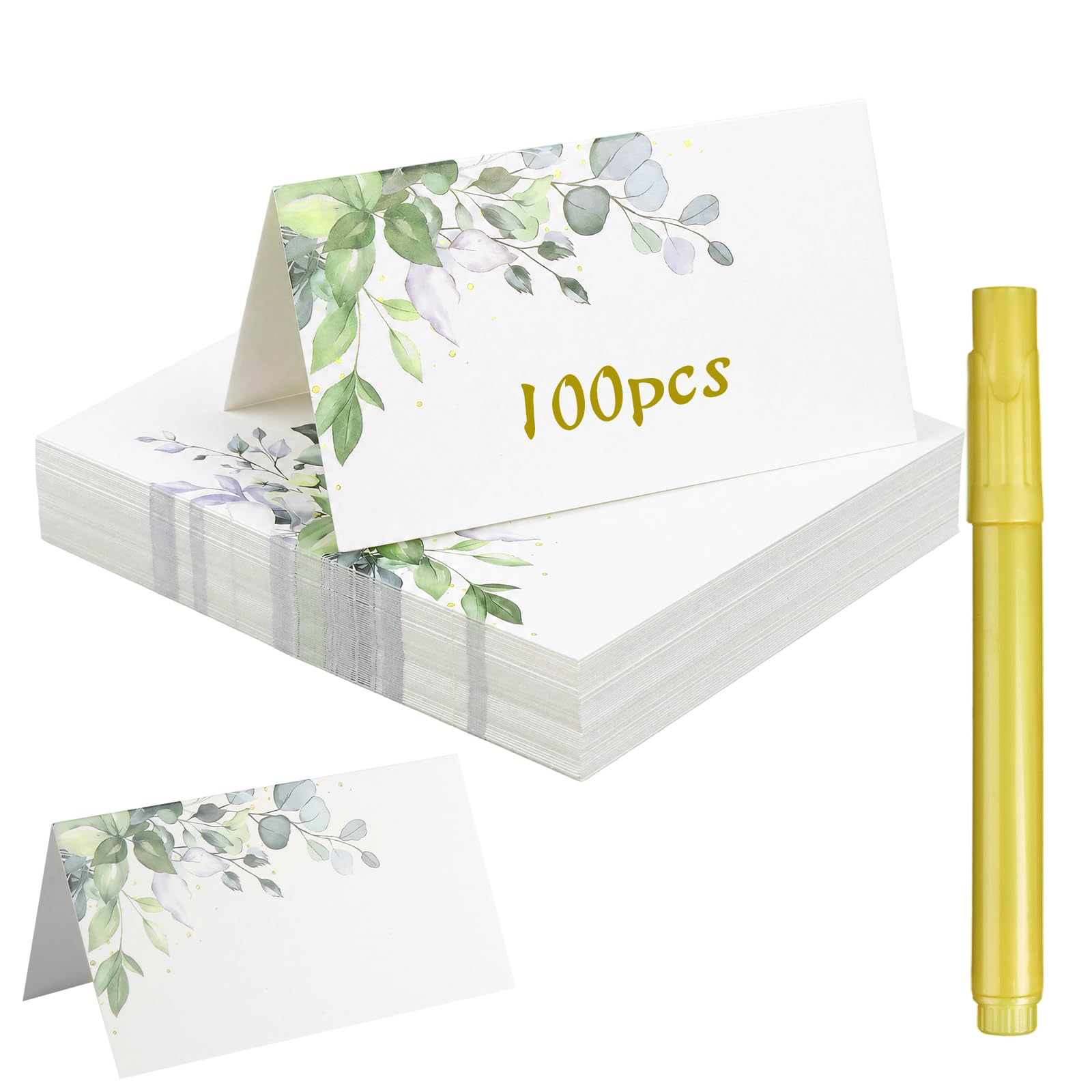 100 Place Cards, with 1 Marker Pen, Green Leaf Pattern, Blank, for Wedding
