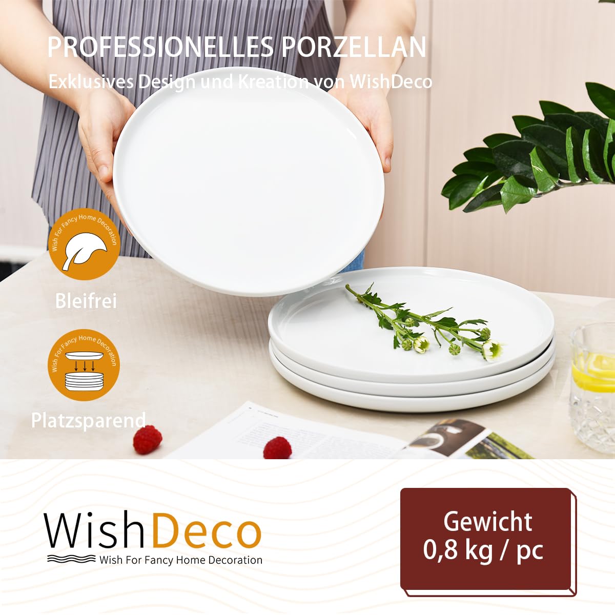 WishDeco Set di 4 Piatti Piani, Piatti Pizza Ceramica 27 cm, Piatto Moderni Bianchi, Piatto da Portata Grande, Servizio Plate Rotondi per Insalata, Pasta, Bistecca, Panino