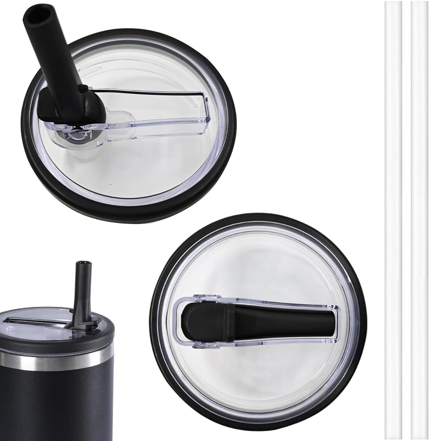 BAKDIK 40 OZ Tumbler Lid Replacement for Stanley Quencher, 2 Pack Flip Straw Lids with 2 Straws, Spill Proof, Black