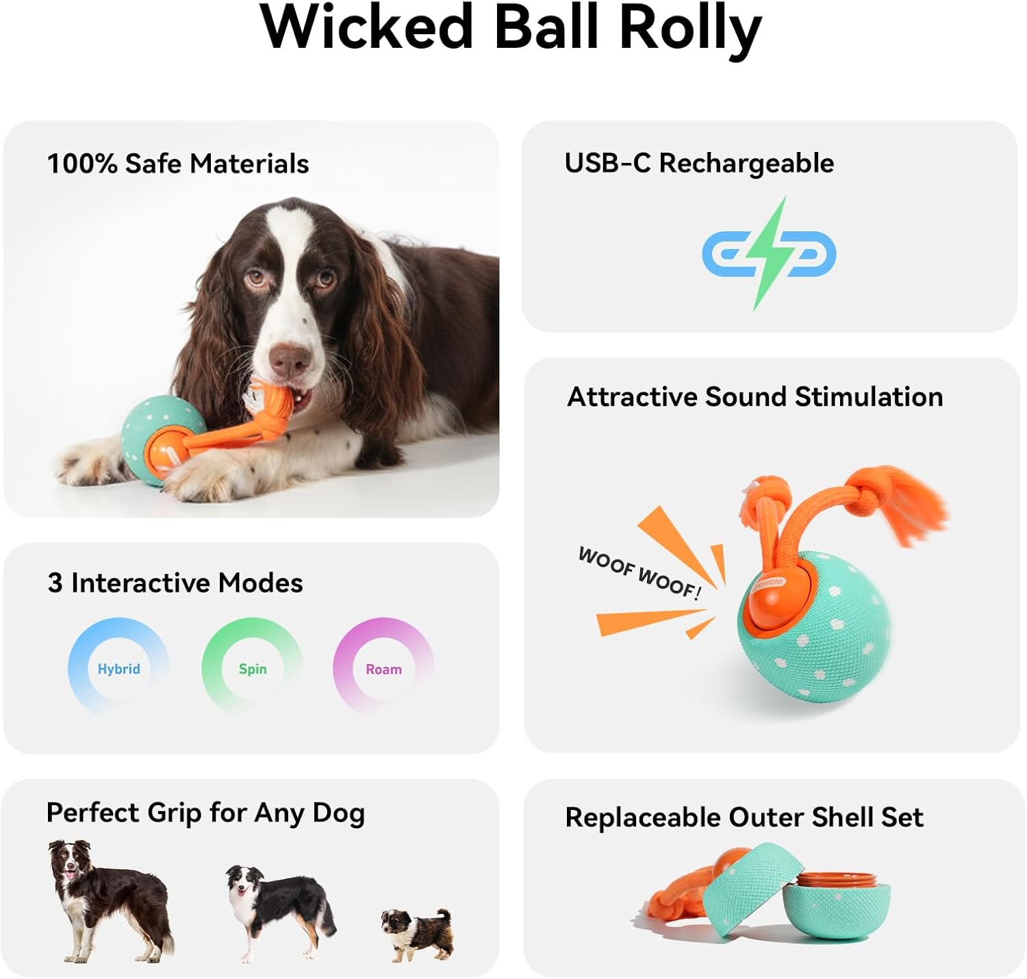 Smart Interactive Dog Toy, Wicked Ball Rolly, Automatic Moving, Bouncing, Rotating, E-TPU Material, Active Rolling Interactive Dog Ball for Medium and Large Dogs