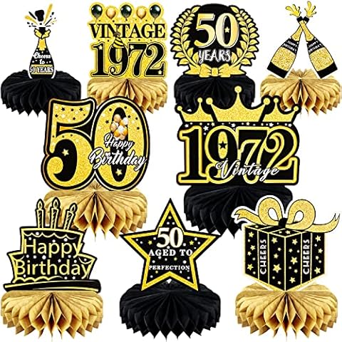9 Pcs 50th Birthday Decoration for Men Women 50th Birthday Table Decorations Cheers to 50th Birthday Honeycomb Centerpieces 1972 Table Topper Black and Gold 50th Birthday Party Favors Cover