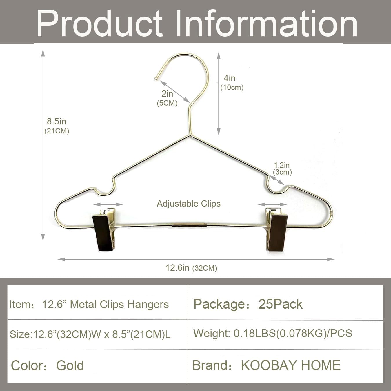 Baby Clothes Hangers 12.6" Gold Metal Skirt Hanger with 2 Adjustable Clips Closet Storage Heavy Duty Rack Kids Shirts, Pants Coats Display Space Saving Solution for Wardrobe 25 Pack