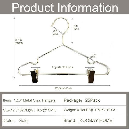 Miniatura 3 de Perchas para ropa de bebé de 12.6 pulgadas de metal dorado con 2 clips ajustables, almacenamiento de armario, estante resistente para camisas de