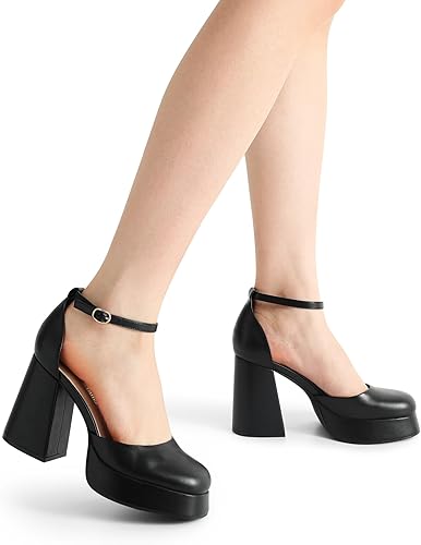 Miniatura 6 de DREAM PAIRS Zapatos de tacón alto con plataforma gruesa para mujer, puntera cerrada, correa al tobillo, para boda, fiesta, zapatos de tacón