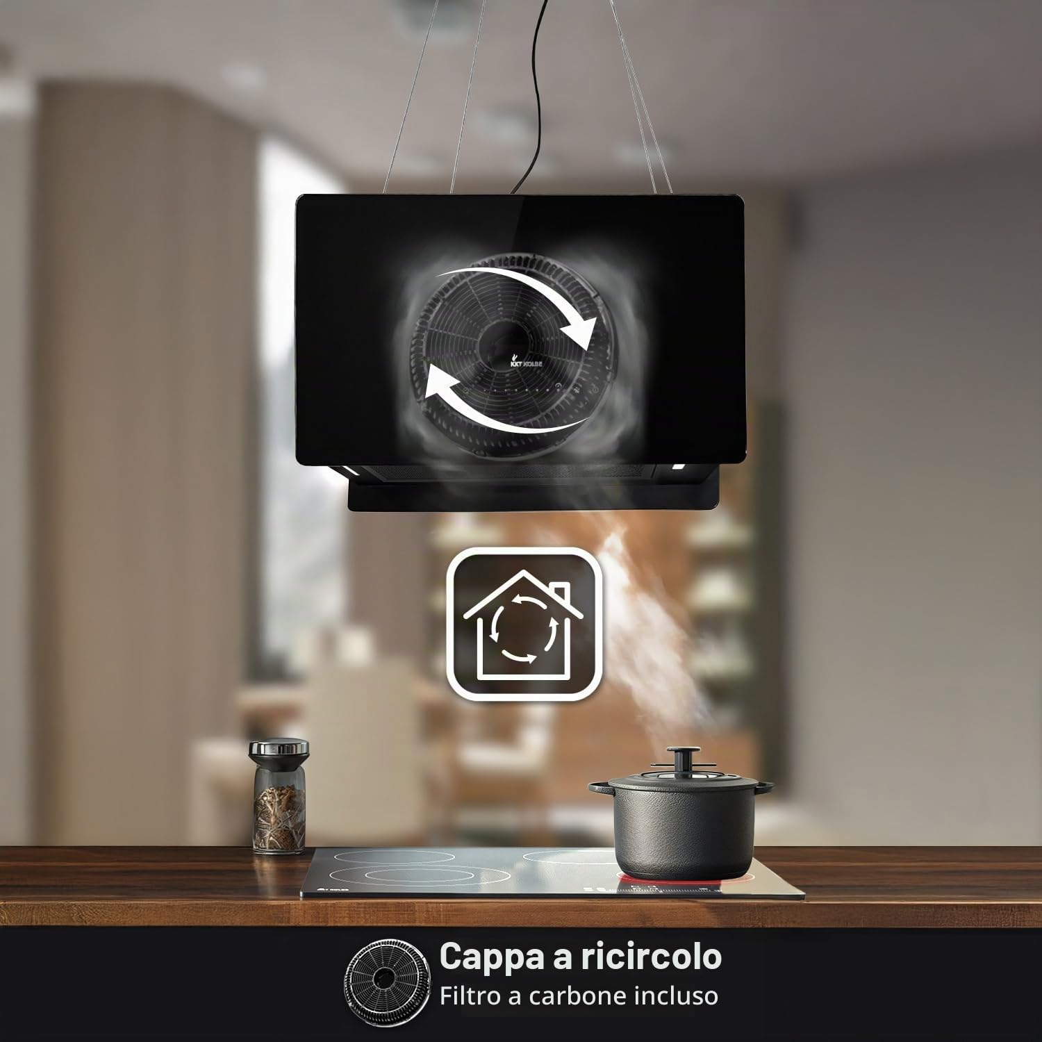 KKT KOLBE A+++ CUBE60FB - Cappa aspirante 60 cm, 684 cbm/h, 9 livelli | Smart WiFi App WiFi | Cappa isola sospesa | Montaggio a soffitto | Nero | Vetro | Illuminazione a LED | Ricarica automatica