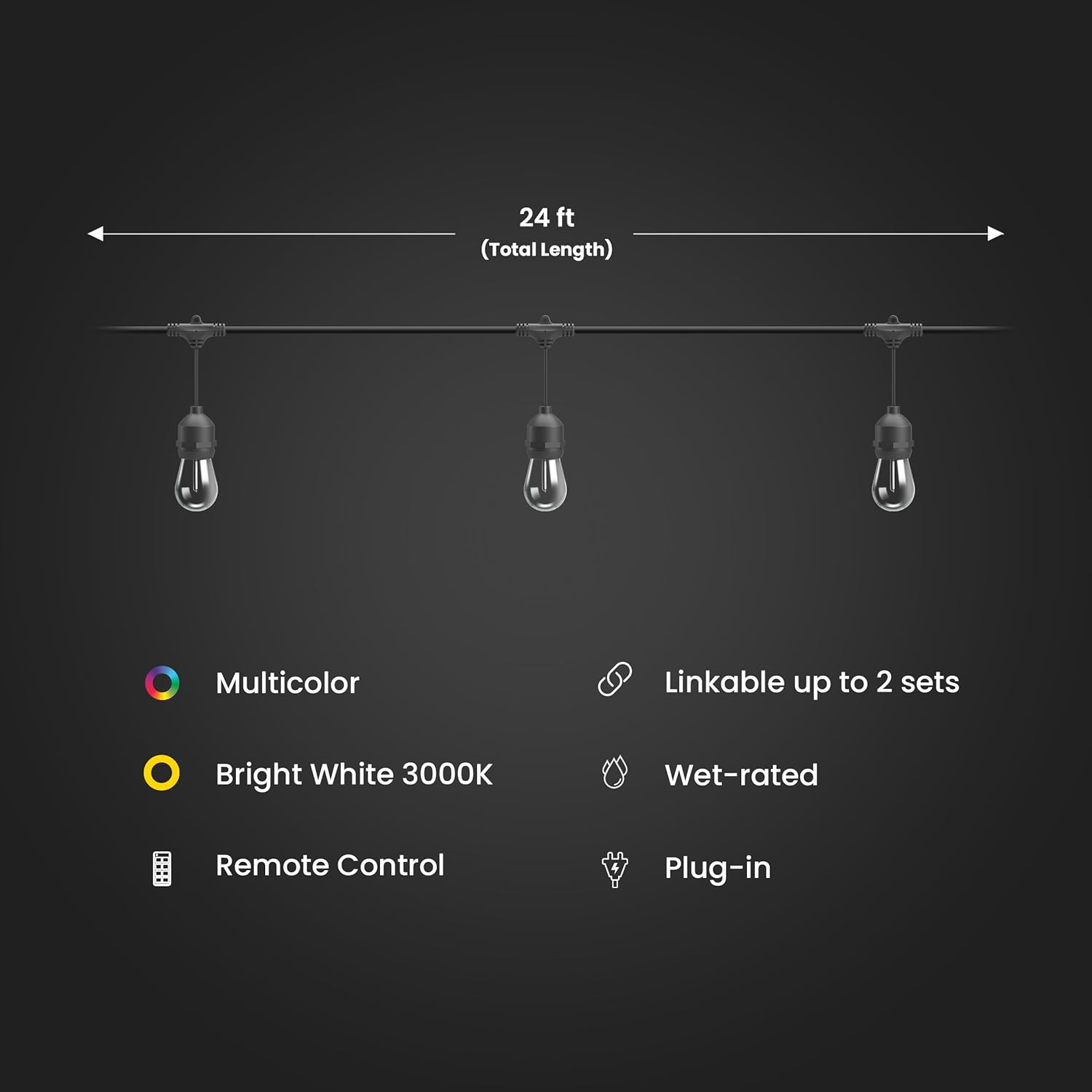 A diagram illustrating the 24ft total length of the string lights, along with icons indicating multicolor, bright white 3000K, remote control, linkable up to 2 sets, wet-rated, and plug-in features.