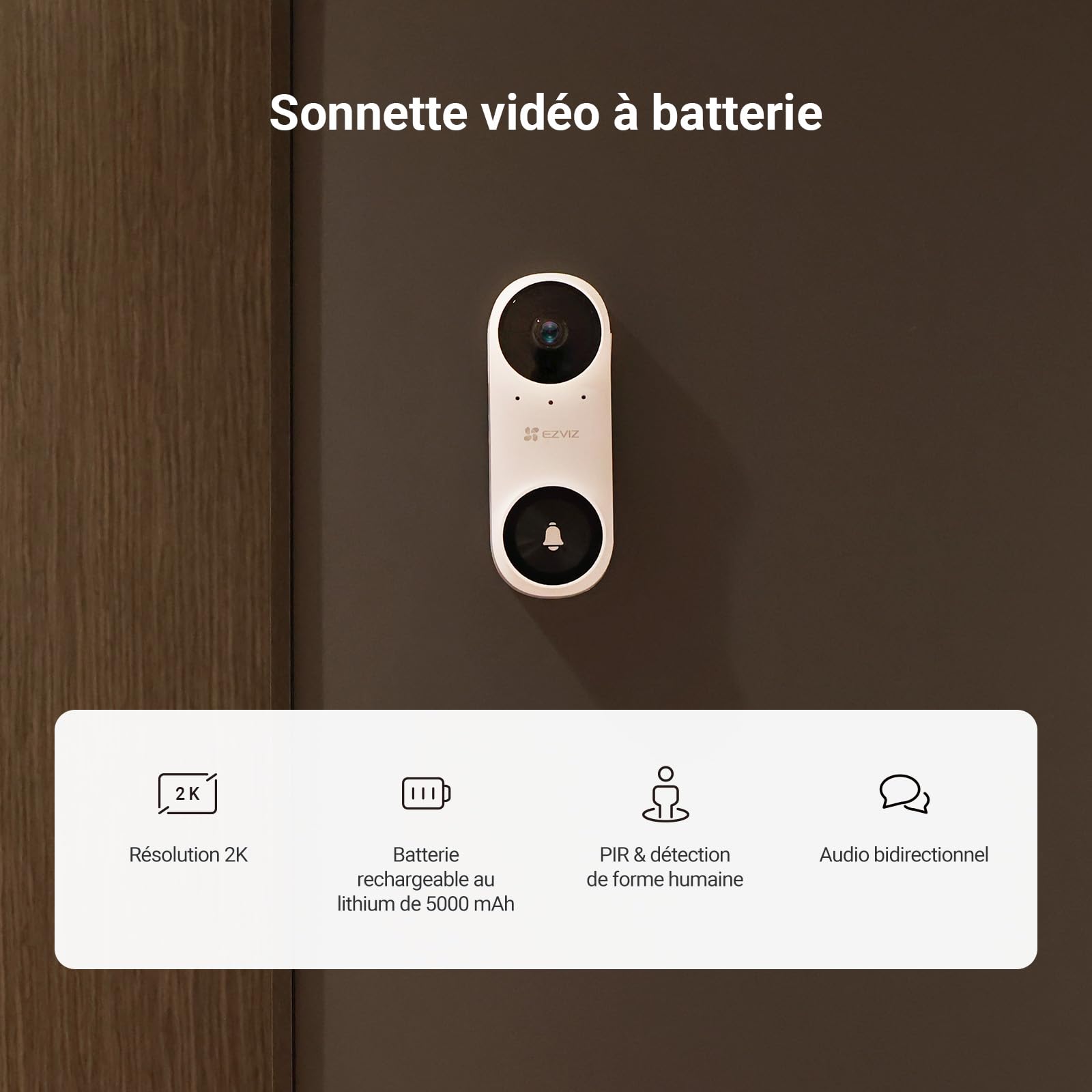 EZVIZ CP3 Sonnette connectée avec vidéo en 2K et Carillon, Kit de Sonnette sur Batterie avec Détection Humaine par IA, Audio Bidirectionnel et Vision Nocturne 6m, 100% sans Fil avec Batterie 5000 mAh