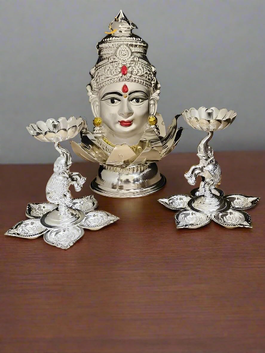 German Silver Lakshmi face/mukut, 2 Elephant Diya, 1 Lotus Stand for Housewarming/Pooja Set/Diwali