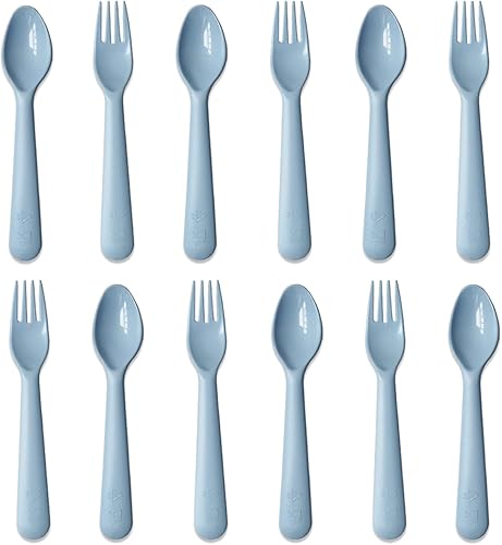 Juego de 12 utensilios de plástico para niños pequeños, 6 tenedores y 6 cucharas para niños, sin BPA, aptos para lavavajillas, cubiertos de colores